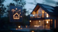 Glowing neon house sign with location pins against blurred modern cabin background at dusk, warm bokeh lights create cozy atmosphere.