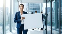Professional businesswoman in navy suit holding blank white sign in modern glass office building with city skyline view for corporate presentations.