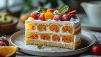 Fresh layered cake with mandarin oranges, whipped cream, and strawberries topped with mint leaves and powdered sugar on ceramic plate, close up view.