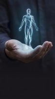 Caucasian male hand holding glowing holographic human body figure with luminous outline, representing healthcare, medical technology, wellness and digital innovation concepts.