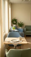 Modern minimalist dining area with wooden table, green chairs and natural sunlight streaming through windows creating warm cozy atmosphere for home decor.