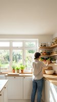 Woman organizing fresh produce on wooden shelves in bright modern kitchen with natural light from large windows overlooking garden view.