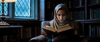 Young woman wearing beige hijab reading open book in historic library with leaded glass windows, wooden shelves, and warm lighting. Educational and literary concept.