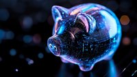 Glowing piggy bank with futuristic digital pattern and blue neon lights against dark background represents financial technology and digital banking concept.