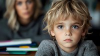 Young boy with blonde wavy hair and expressive blue eyes wearing gray sweater gazes thoughtfully ahead, capturing childhood innocence against soft blurred background.
