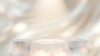 Elegant frosted glass podium on soft white silk background with warm glowing light, perfect for luxury product display and cosmetic presentation.