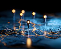 Location pins glowing on dark blue map with bokeh light effects, shallow depth of field creates dreamy atmosphere for travel and navigation concepts.