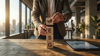 Professional businessman arranging wooden blocks spelling ESG in modern office environment with city skyline view during golden hour sunset.