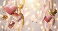 Romantic hearts and ribbons in pink and gold tones with warm bokeh lights creating festive Valentine's Day celebration atmosphere for love themed designs.