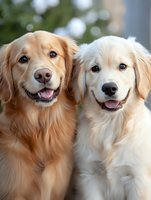 Two happy Golden Retriever dogs with friendly smiles sitting together, one cream-colored and one golden, against blurred natural background. Perfect for pet care advertising.