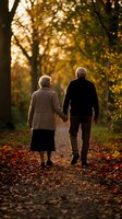 Senior couple holding hands walking together on autumn path with golden sunlight filtering through colorful fall foliage creating romantic atmosphere.
