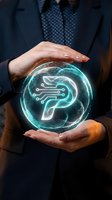 Businesswoman holding glowing holographic stomach organ with circuit board pattern, representing digestive health technology, medical innovation, and healthcare solutions for commercial use.
