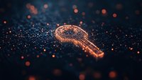 Glowing digital key silhouette on dark background with bokeh light effects and particles, representing cybersecurity and digital access control solutions.