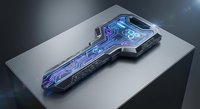Futuristic sci-fi weapon with glowing blue circuit patterns and holographic display on metallic surface for gaming and entertainment design projects.