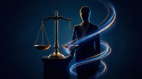 Professional male lawyer silhouette with golden scales of justice and glowing blue light trails symbolizing legal expertise and courtroom success.
