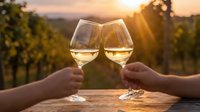 Two hands toasting with white wine glasses at sunset in vineyard. Romantic celebration moment with golden hour lighting and grape vines in background.