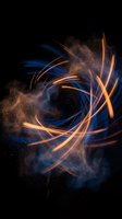 Dynamic swirling energy streams with glowing orange and blue light trails creating cosmic spiral motion against dark space background with stardust particles.