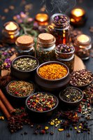 Aromatic spices and dried herbs in wooden bowls and glass jars with cork lids, surrounded by glowing candles on dark wooden background. Atmospheric food styling.