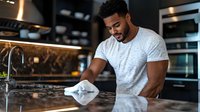 Young African American man in grey t-shirt cleaning modern black kitchen counter with cloth, showing domestic lifestyle and household maintenance in luxury interior setting.