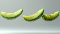 Fresh green melon slices floating on light background, showcasing juicy flesh and crisp rind for food photography and healthy eating concepts.