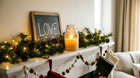 Cozy Christmas fireplace mantel decorated with garland, pinecones, glowing candle, love chalkboard sign, and holiday stocking for festive home decor.