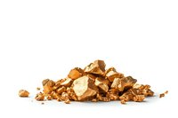 Pile of shiny golden nuggets and small pieces isolated on white background, raw precious metal minerals for jewelry design and luxury concepts.