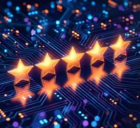 Five golden stars floating above glowing circuit board with bokeh lights representing digital rating system and technology excellence evaluation.