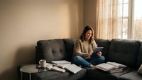 Young woman reading book on comfortable sofa in cozy living room with warm natural light streaming through window creating peaceful atmosphere.