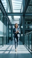 Professional businesswoman walking through modern glass office corridor holding tablet device for corporate presentations and meetings.