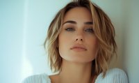 Young Caucasian woman with blonde wavy bob haircut and natural makeup gazing upward with confident expression against light background, wearing white sweater.