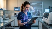 Young Caucasian female healthcare professional using digital tablet with holographic DNA strand projection in modern medical laboratory setting.