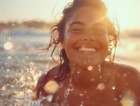 Young Hispanic woman laughing with wet hair and water droplets splashing around her face during sunset at beach, radiating joy and carefree summer lifestyle.
