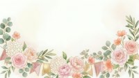 Watercolor floral garland with roses, peonies, and greenery arranged in corners on cream background, isolated for wedding invitations and greeting card designs.