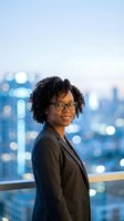 Young African American female professional wearing glasses and dark blazer poses confidently against blurred cityscape backdrop for corporate, business, and career-related projects.