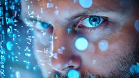 Close up of male face with blue digital data visualization overlay and glowing circles, representing artificial intelligence and machine learning technology.