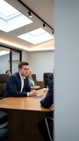 Young Caucasian businessman in navy suit sitting at conference table during corporate meeting in modern office with skylights and track lighting.