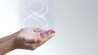 Cupped hands holding glowing DNA double helix structure with purple light effects for genetic research and biotechnology concepts.