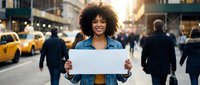 Young African American woman with afro hair smiling on busy city street, holding blank white sign board for custom message or advertisement.