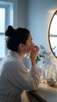 Woman with dark hair in bun, wearing light robe, applying skincare product to face at vanity mirror with warm lighting. Wellness and beauty routine.