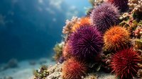 Vibrant sea urchins in purple and orange hues clustered on coral reef underwater with blue ocean background for marine biology and diving content.