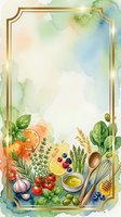 Watercolor cooking frame with fresh vegetables, citrus fruits, berries, herbs, olive oil, and wooden spoon on white background. Isolated design with gold border for recipe cards, menus, culinary blogs.
