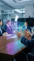 Business professionals using holographic data visualization technology in modern conference room for strategic planning and analytics presentation.