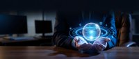 Businessman holding glowing digital globe with network connections in modern office environment showcasing global technology and connectivity concepts.