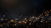 Glowing network connections with golden light particles floating on dark background, abstract technology concept visualization for digital transformation.
