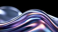 Smooth flowing metallic waves with iridescent purple, blue and silver colors creating elegant abstract background pattern on black surface.