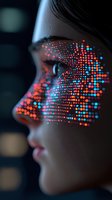 Female profile with glowing digital pattern projected on face in neon red and blue colors, representing artificial intelligence and facial recognition technology.