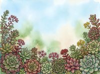 Watercolor succulent garden border with colorful plants creating natural frame on soft pastel background for botanical designs and nature projects.