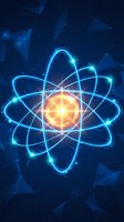 Glowing atomic structure with bright nucleus and orbital rings on dark blue geometric background for science education and technology concepts.