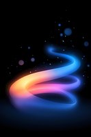 Glowing spiral light trail with vibrant blue, pink and orange colors against dark background, surrounded by bokeh effects and sparkles. Magical energy flow concept.