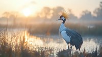 Grey crowned crane standing in misty wetland at sunrise, golden light reflecting on water surface, wild bird in natural habitat against foggy morning landscape.